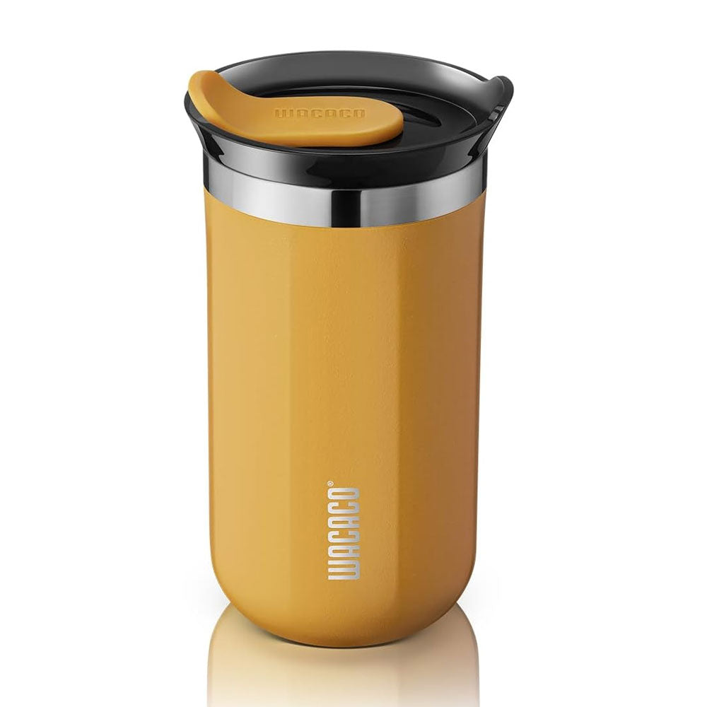 Yellow thermos with black lid on a white background