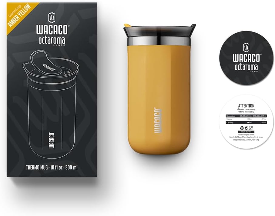 Yellow thermo mug with packaging and branding on a white background