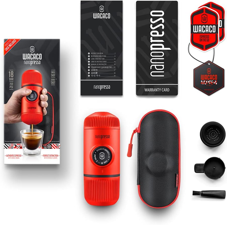 Red Wacaco Nanopresso portable espresso maker with packaging and accessories on a white background