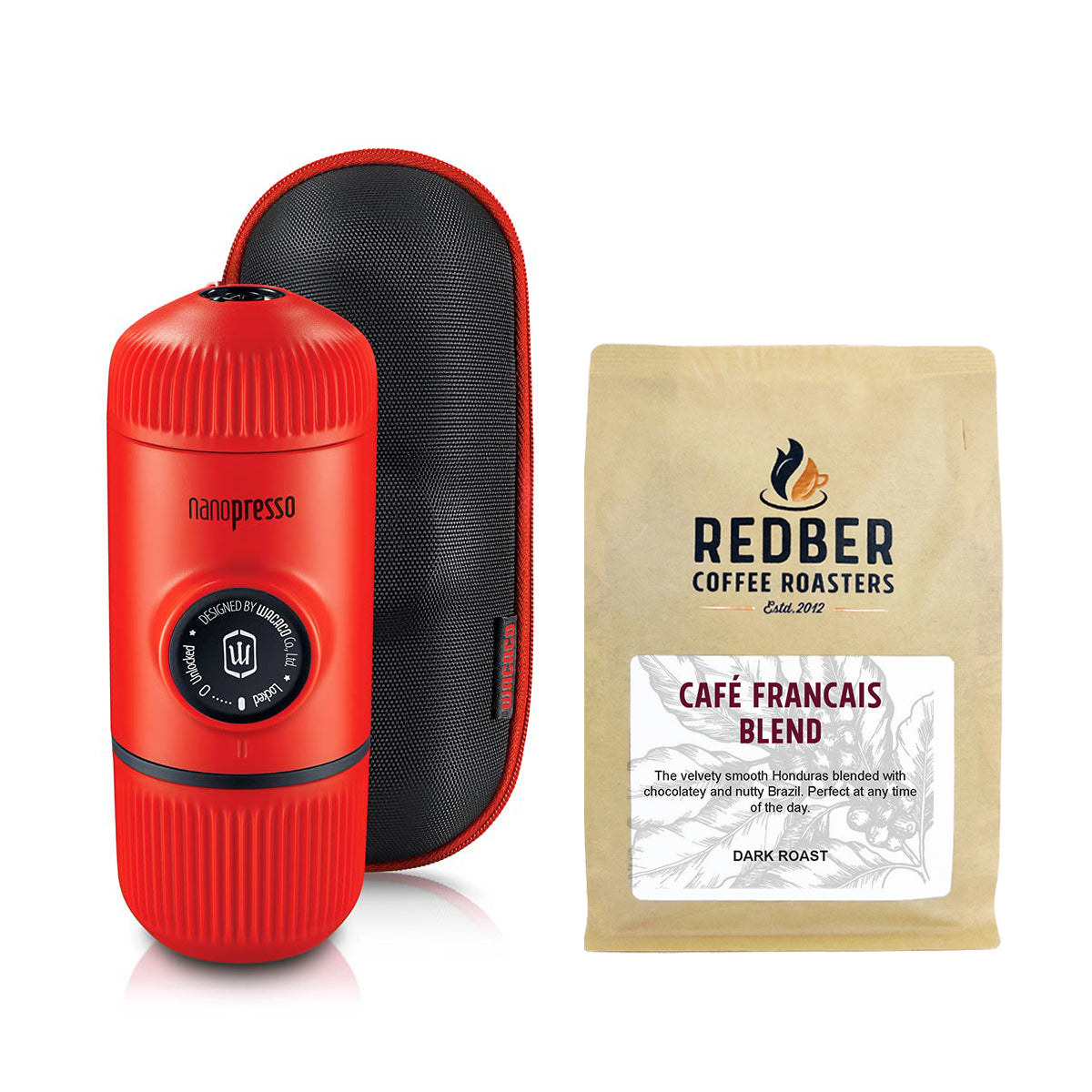 Red coffee pod device and Redber Coffee RoastersCAFé Français Blend package on a white background