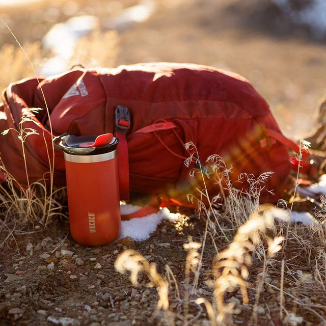 Red backpack and thermos on a snowy ground with dry grass