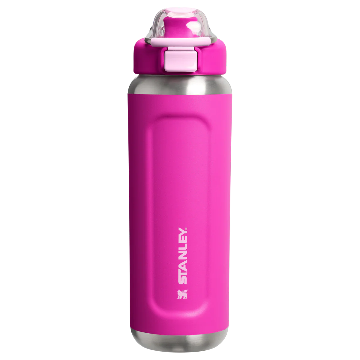 Pink Stanley water bottle with a silver base on a white background