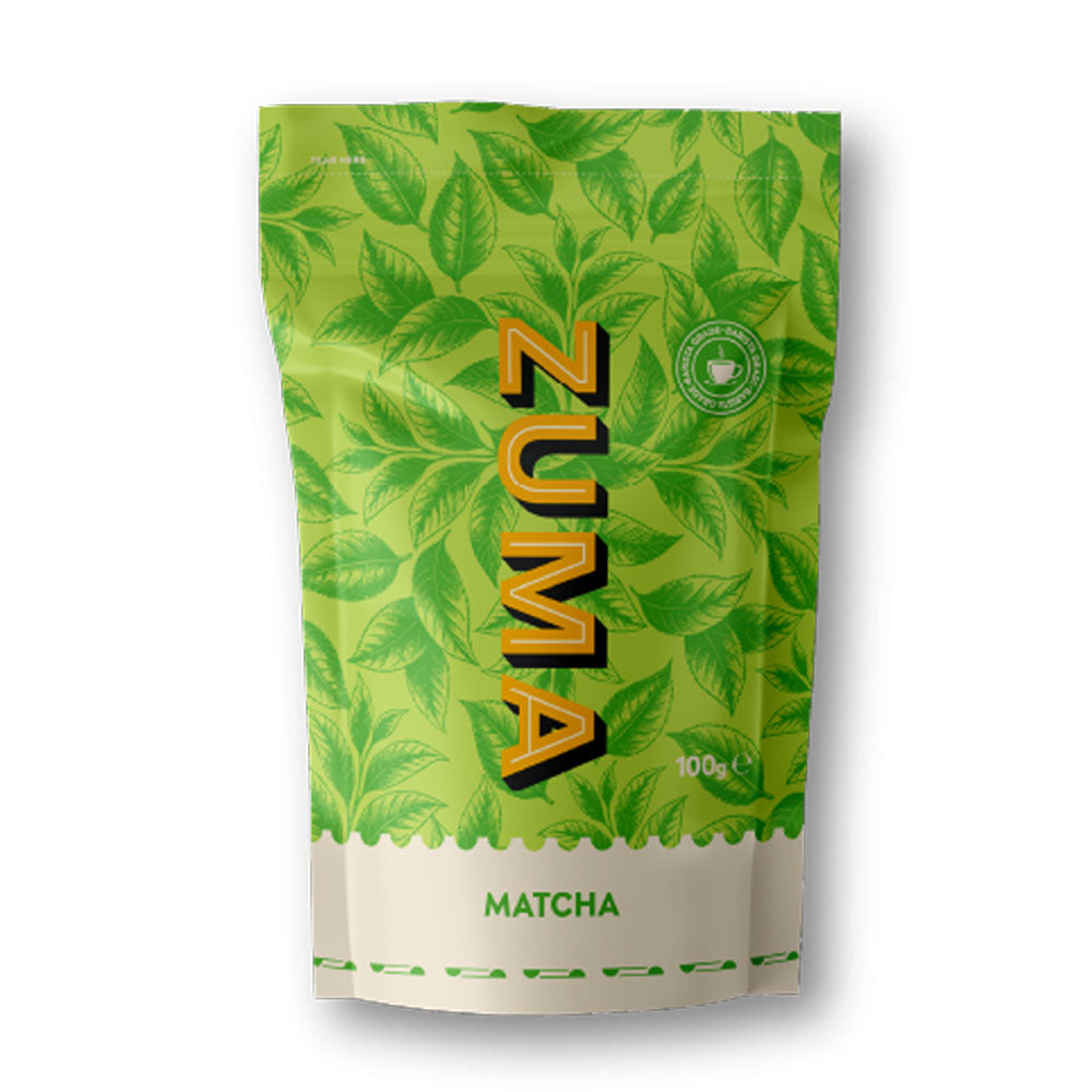 Zuma Matcha packaging with green leaf pattern on a white background