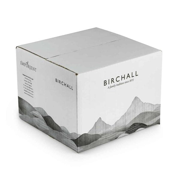 A box of Birchall Imporient English Breakfast Tea with a mountainous landscape graphic in the design.