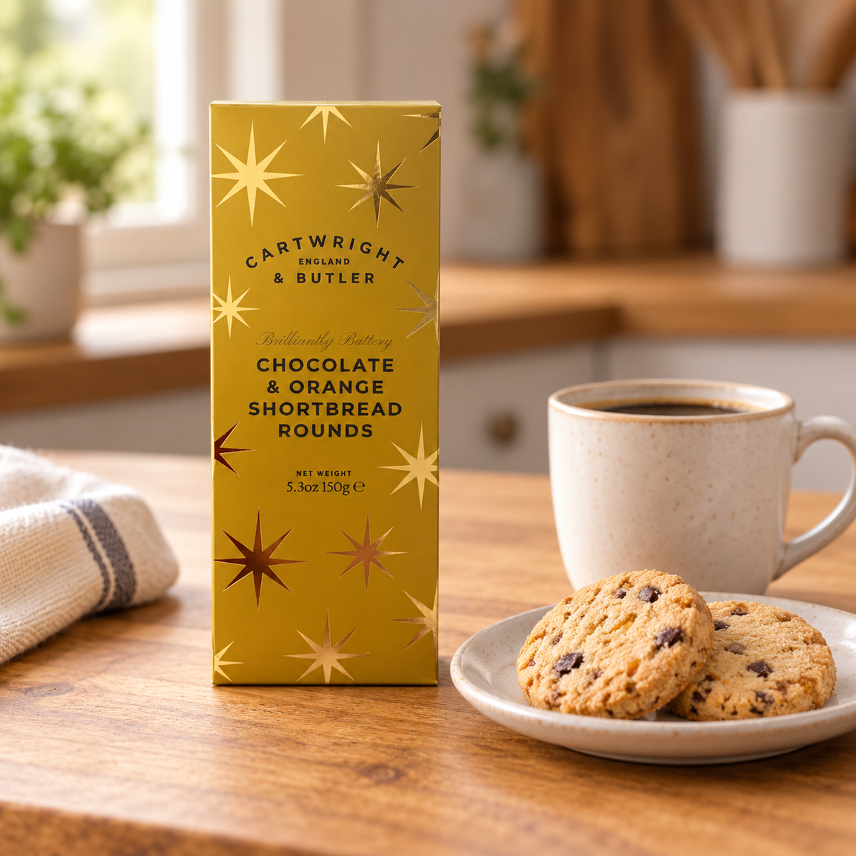 Cartwright & Butler Chocolate & Orange Shortbread Gold Carton with coffee and biscuits