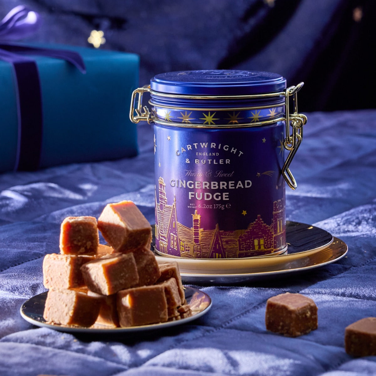 Cartwright & Butler Gingerbread Fudge tin in a festive kitchen setting