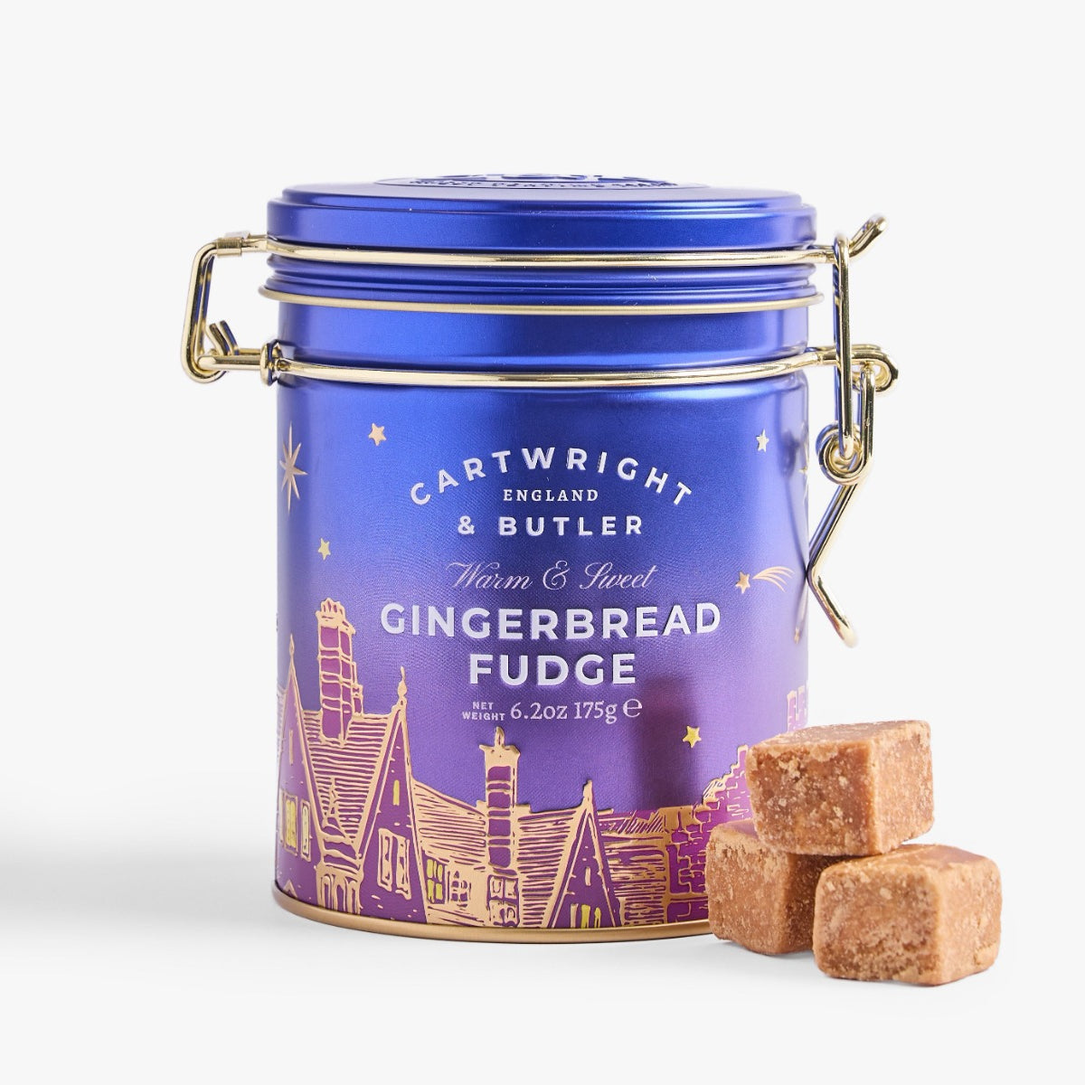 Open Cartwright & Butler Gingerbread Fudge tin with fudge pieces