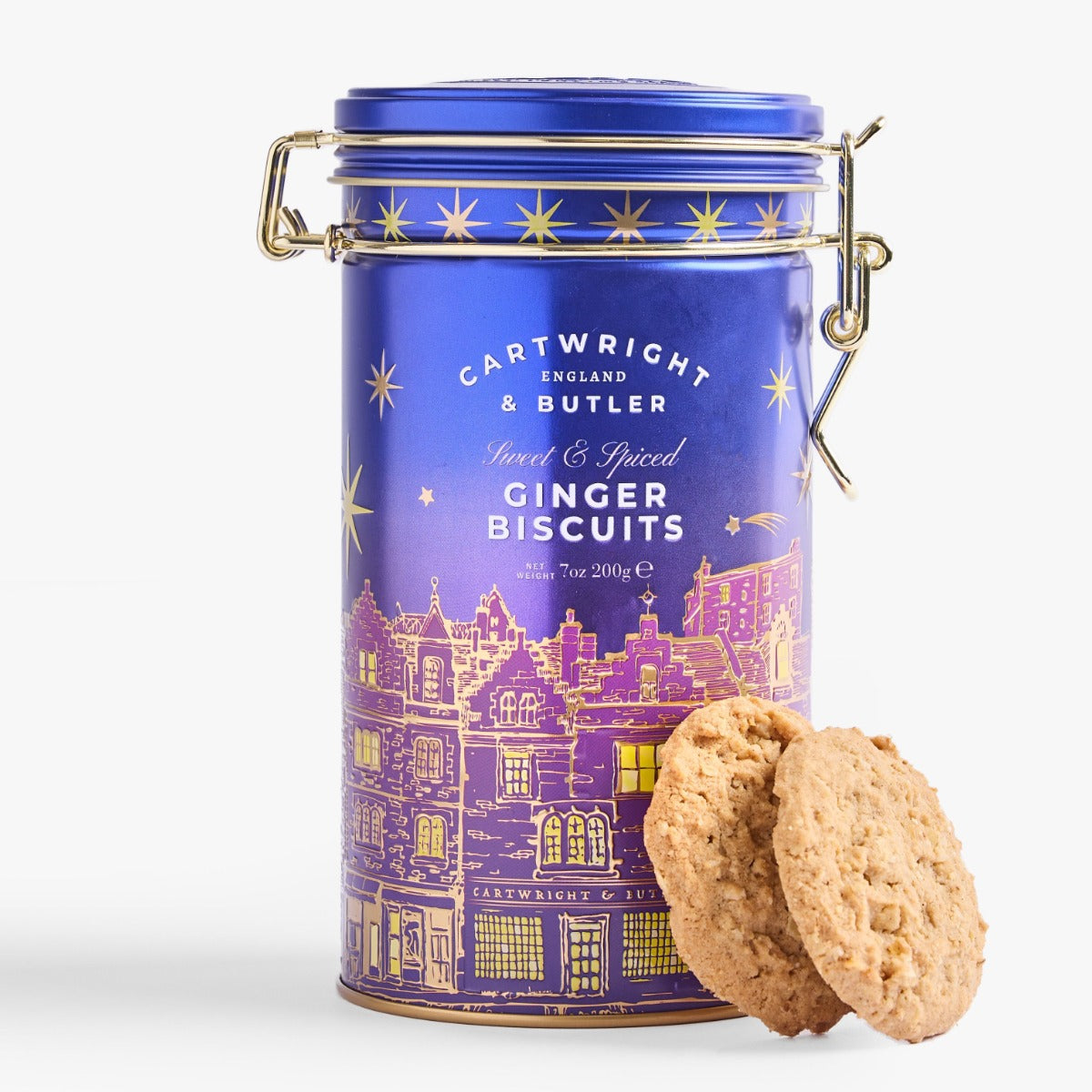 Open Cartwright & Butler Stem Ginger Biscuits tin with biscuits