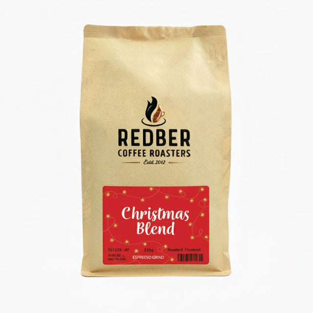 Coffee bag labeled 'Redber Coffee Roasters Christmas Blend' on a white background