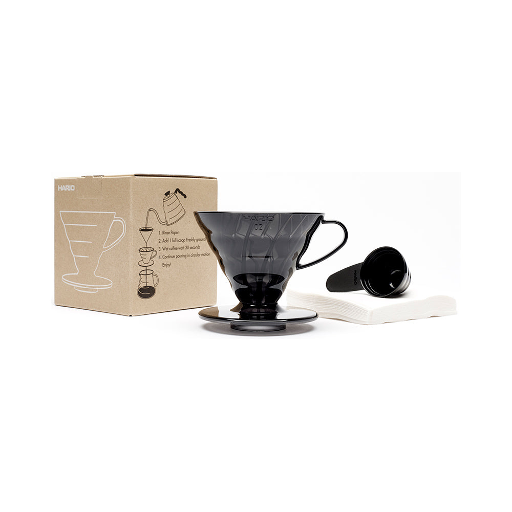 Hario V60 Size 02 transparent black plastic dripper set with scoop and 40 filter papers