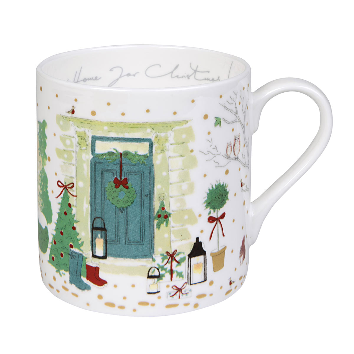 Sophie Allport Holly & Berry Home for Christmas 425ml mug with wreath-covered door and lanterns