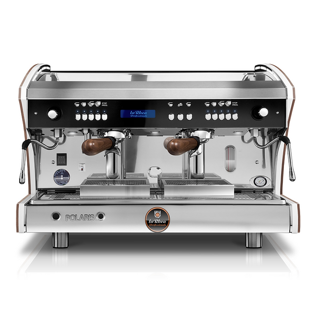 Commercial espresso machine with Polares branding on a white background