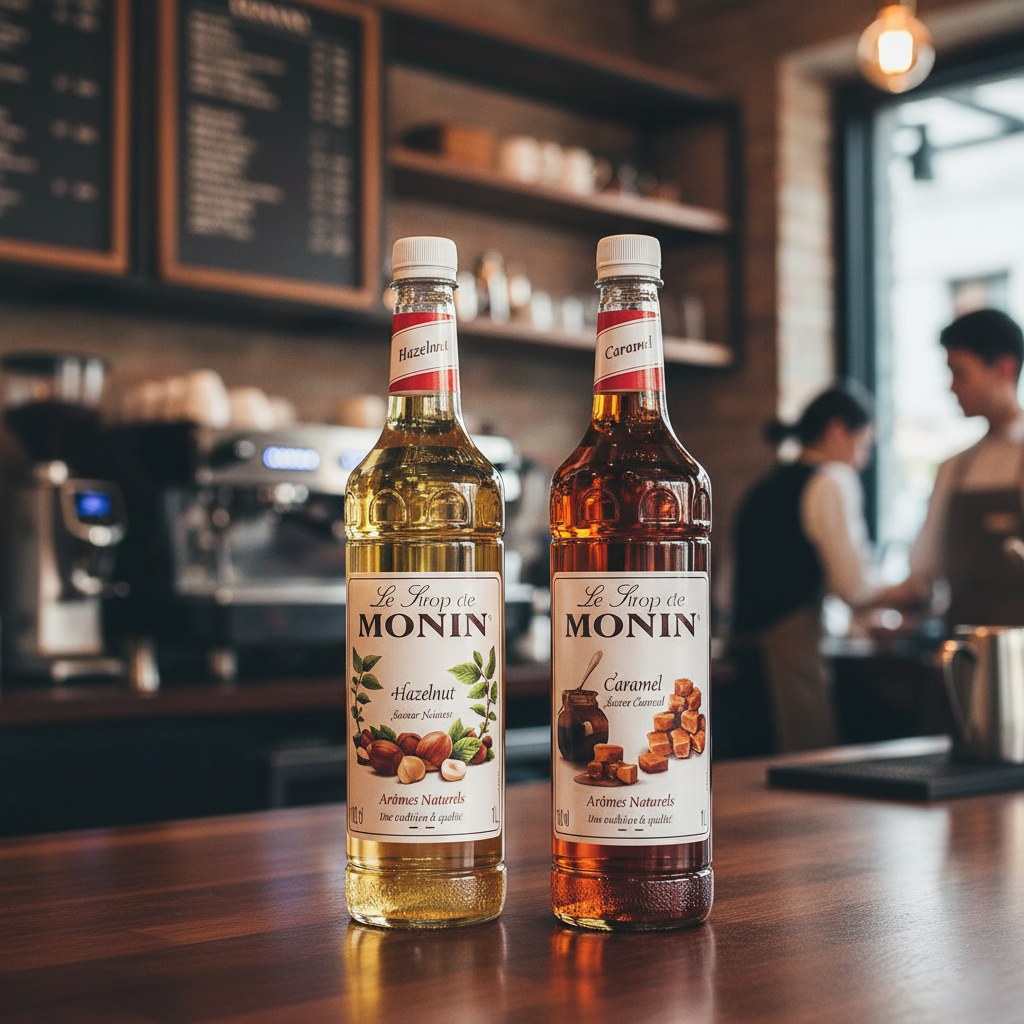 Two Monin syrup bottles on a bar counter with a blurred bar background