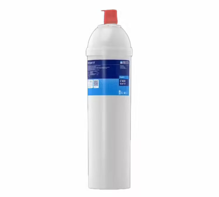 White cylindrical filter with blue label on a white background