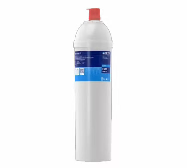 White cylindrical filter with blue label on a white background