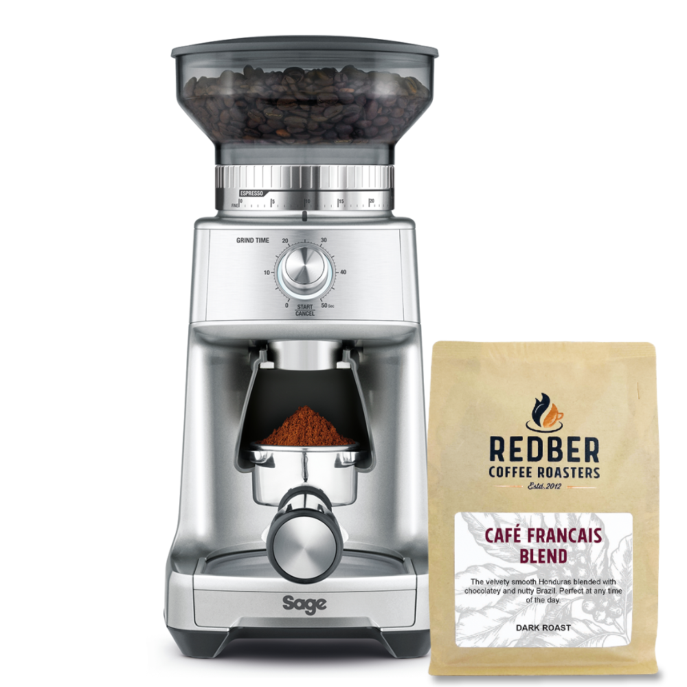 Sage coffee grinder with a bag of Redber Coffee Roasters Cafe Francais Blend on a white background