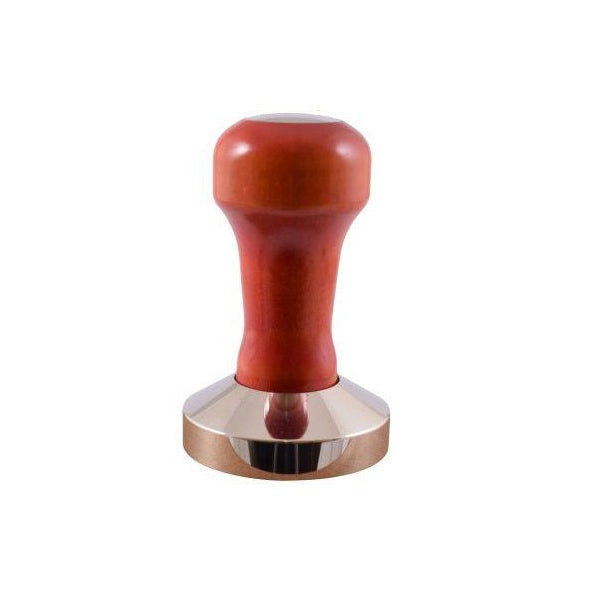 Coffee tamp with wooden handle and metal base on a white background