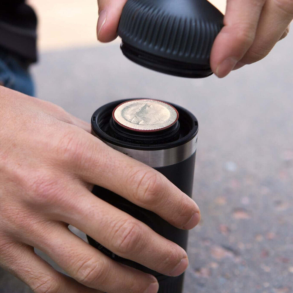 Fitting the NS Adapter to a Wacaco Nanopresso beside a coffee capsule