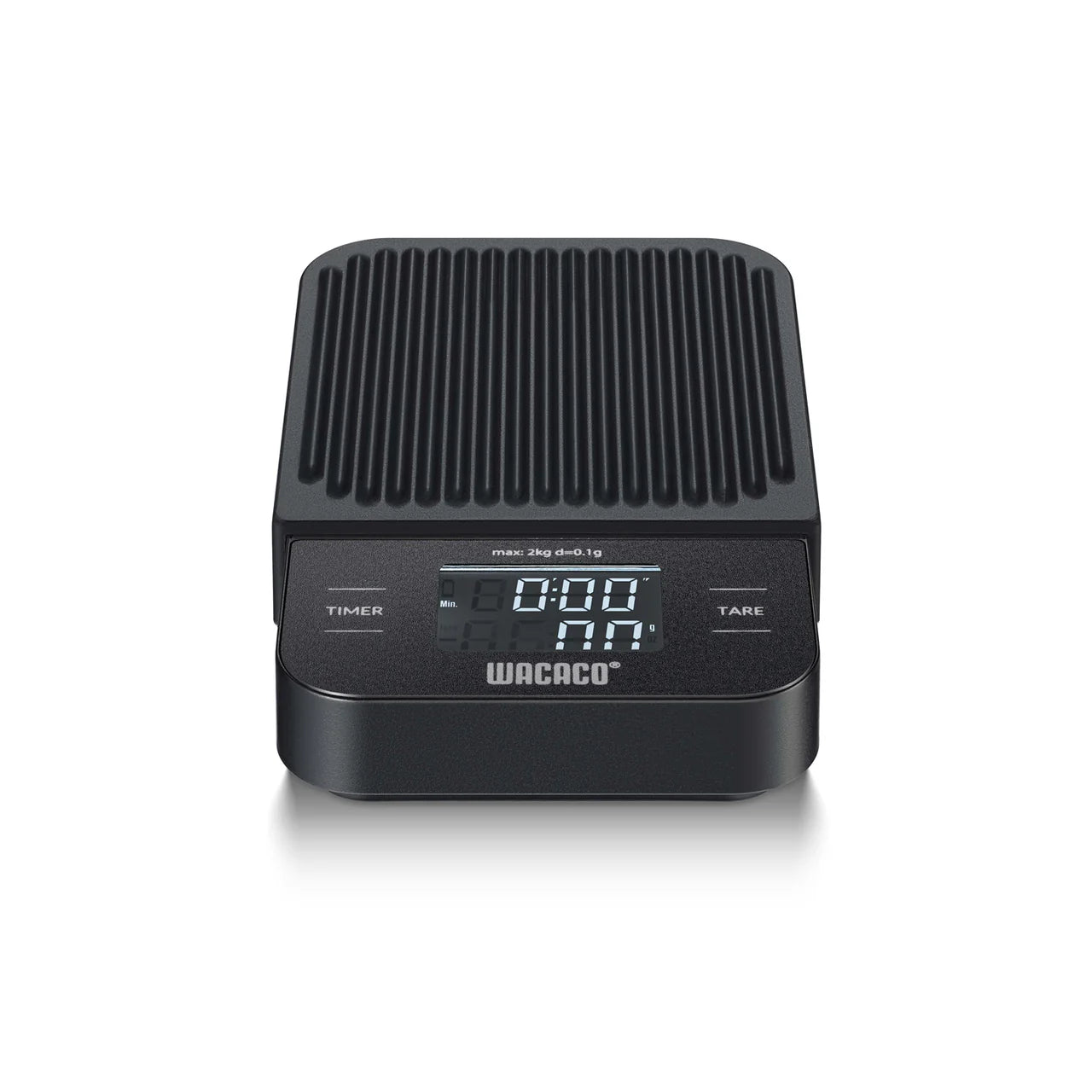 Black Wacaco coffee scale with digital display on a white background