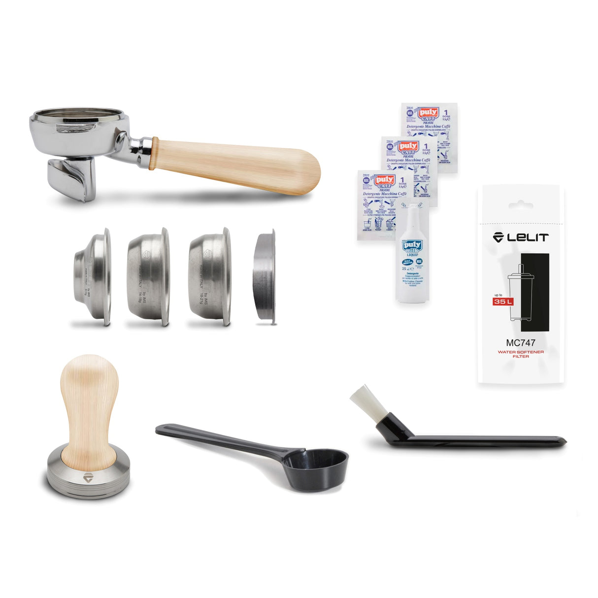 Collection of coffee-making tools including a tamper, scoop, and packaging on a white background