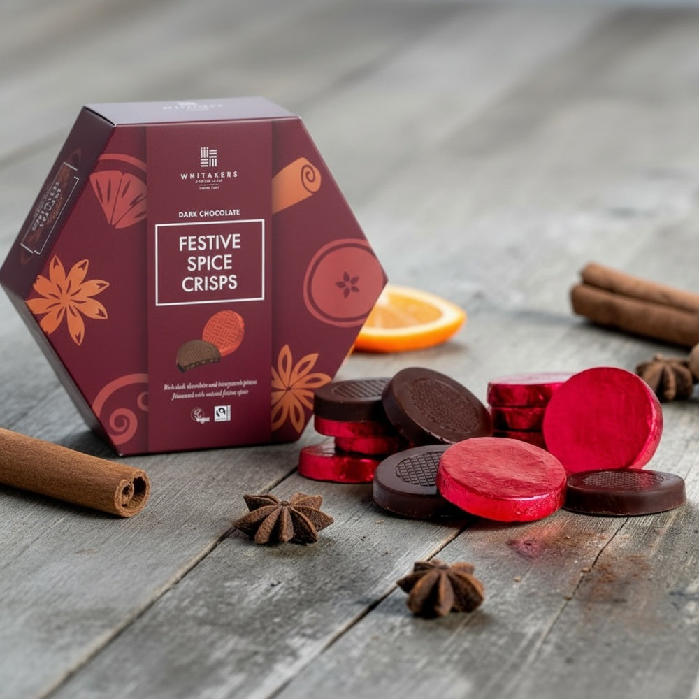Whitakers Dark Chocolate Festive Spice Honeycomb Crisps 165g – product packaging