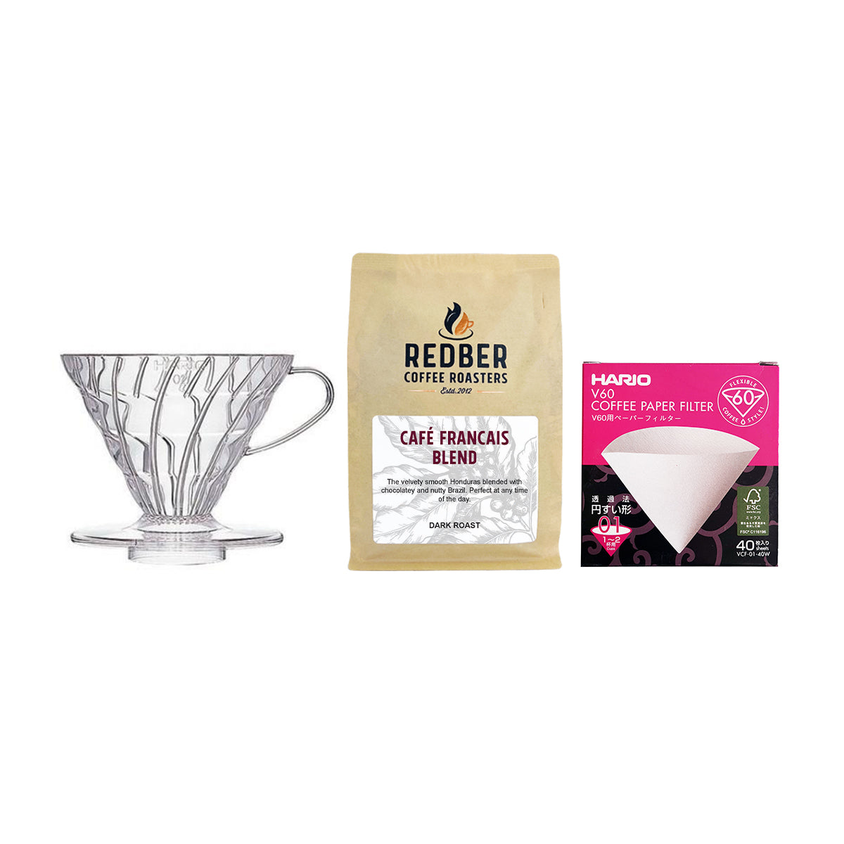 Redber, Hario V60 Size 01/02 Clear Plastic Coffee Dripper & 40pcs Filter Papers - Coffee Brewing Kit, Redber Coffee