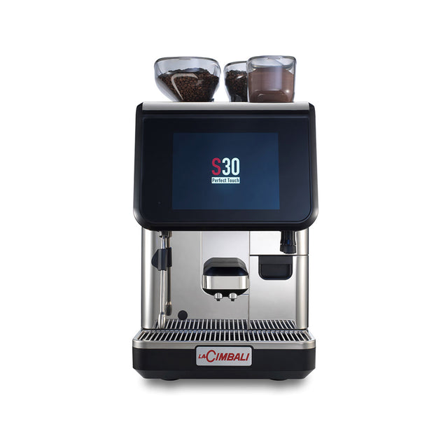 La Cimbali S30 bean-to-cup coffee machine, ideal for bakeries, restaurants, and coffee chains. Features advanced cold milk foam technology for diverse drink options, a 10.4-inch touchscreen for easy customization, and durable Italian engineering. Perfect for high-demand environments seeking reliable, premium coffee quality.
