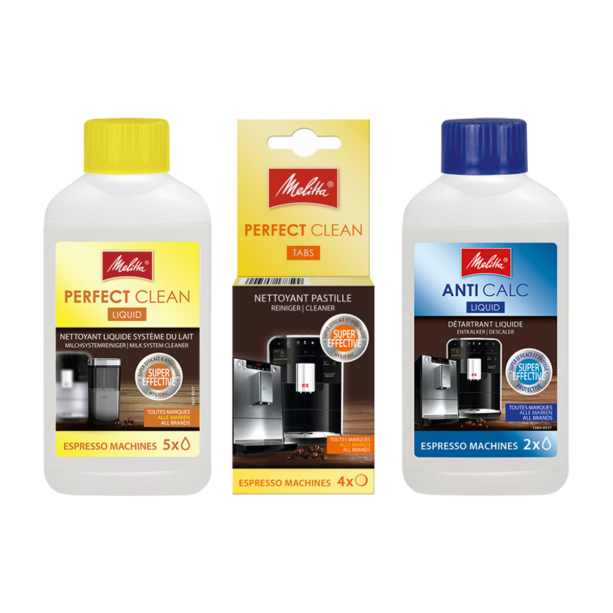 Melitta Perfect Clean Liquid Cleaner and Tabs & Anti Calc Espresso Machine  Liquid Descaler