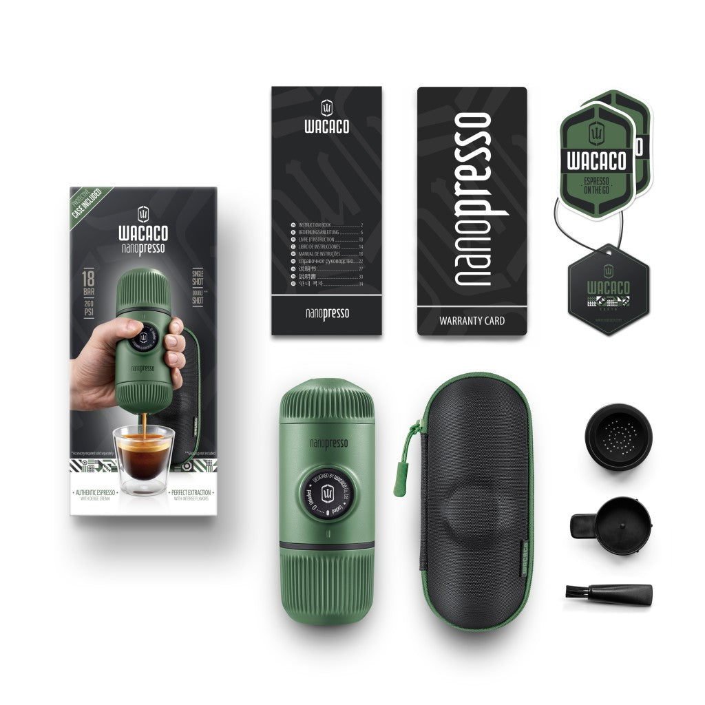 Wacaco, Wacaco Nanopresso Elements Portable Espresso Maker with Hard Case - Moss Green with Free Coffee, Redber Coffee
