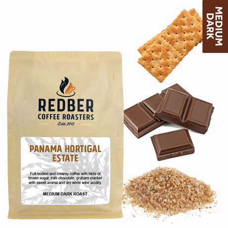 A packaged bag of Redber Coffee Roasters' Panama Hortigal Estate medium-dark roast coffee beans. The packaging is beige with the coffee brand and product name displayed prominently in the center.