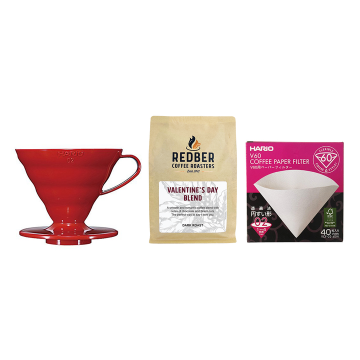 Redber, Hario Red V60 Plastic Coffee Maker Kit Size 01 & Valentine's Day Coffee Blend 250g, Redber Coffee