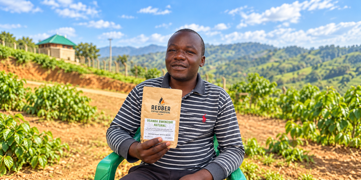 Man holding Redber Uganda Rwenzori coffee with the surrounding green hills visible
