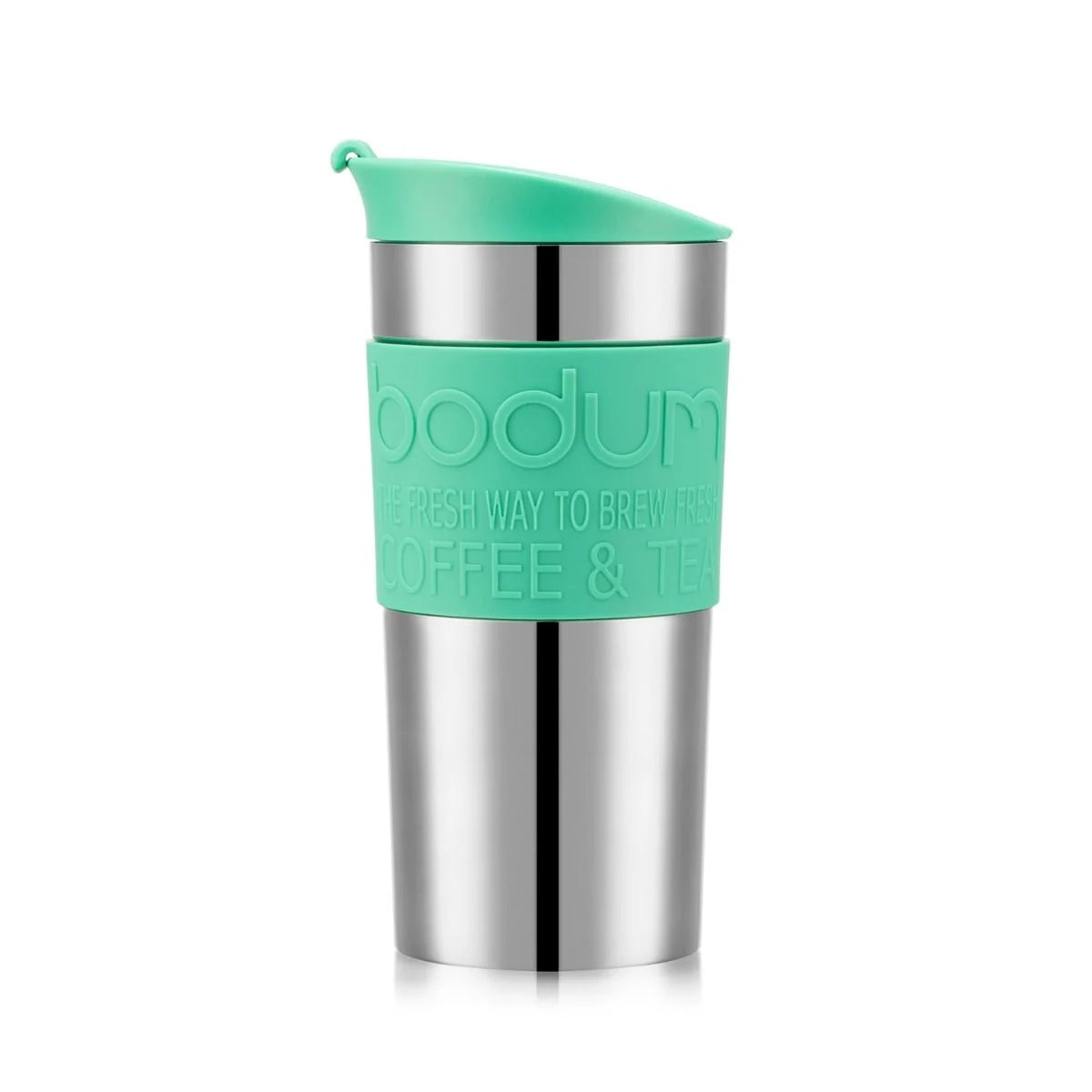 Turquoise travel mug with silver body on a white background