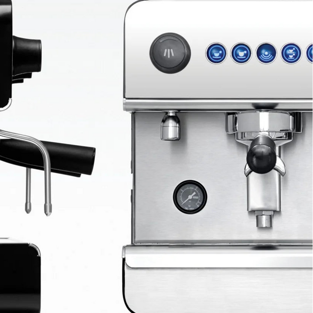 Two espresso machines, one black and one silver with blue buttons, on a white background.