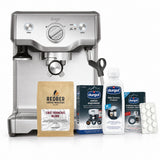 Sage espresso machine with Redber coffee beans, Durgol cleaning products, and a milk frother on a white background
