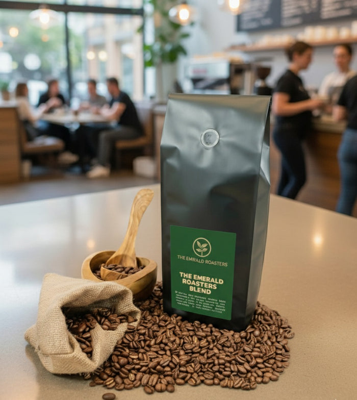 Bag of coffee beans with 'The Emerald Roaster' branding on a counter in a coffee shop.