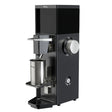 Black coffee grinder with a silver container on a white background