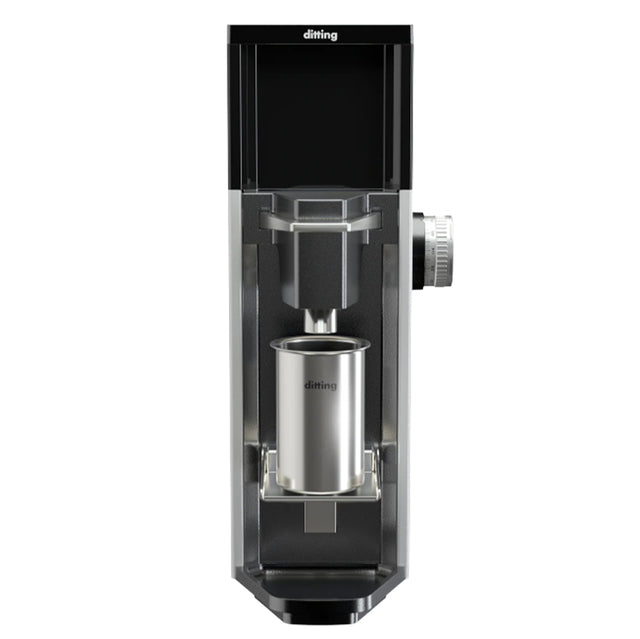 Black and silver coffee machine on a white background