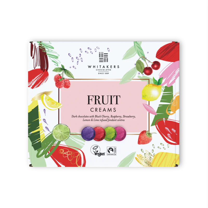 Whitaker's Fruit Creams chocolate box with colorful fruit illustrations on a white background