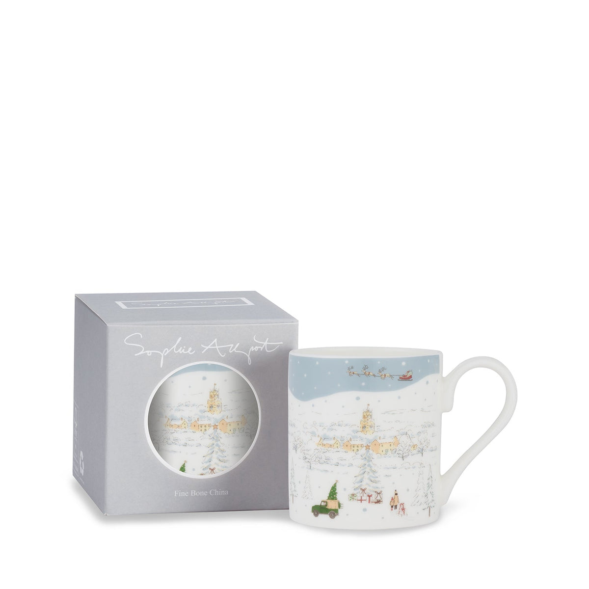 Sophie Allport Home for Christmas Scene mug beside its grey gift box