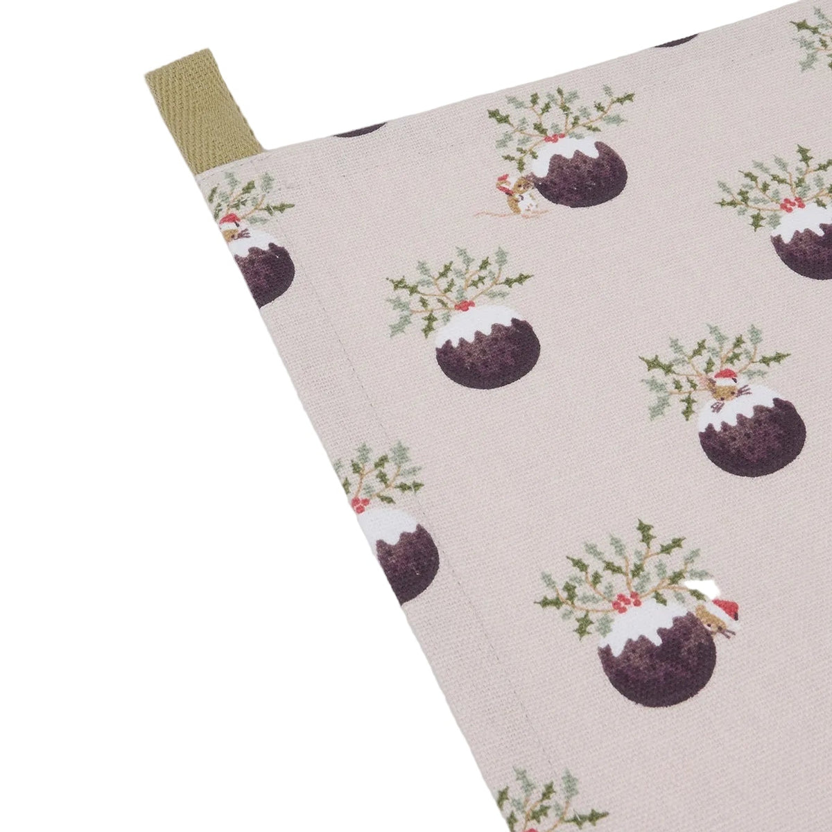 Sophie Allport Close-up of the Christmas pudding pattern and corner hanging loop