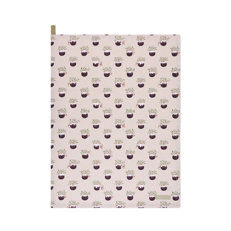 Sophie Allport Christmas Puddings cotton tea towel showing the full pudding pattern and hanging loop