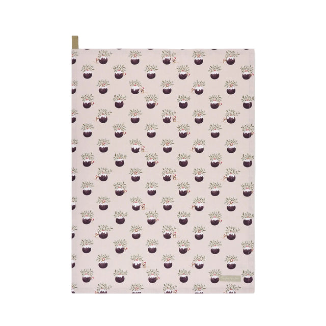 Sophie Allport Christmas Puddings cotton tea towel showing the full pudding pattern and hanging loop