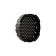 Black circular object with textured surface on a white background