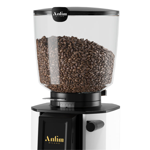 Coffee grinder filled with coffee beans on a white background