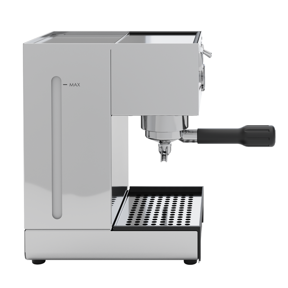 Stainless steel espresso machine on a white background