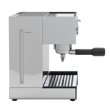 Stainless steel espresso machine on a white background