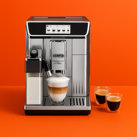 De'Longhi coffee machine with a glass of cappuccino and two cups on an orange background