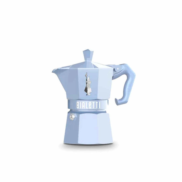 A light blue Bialetti moka pot coffee maker on a solid white background.