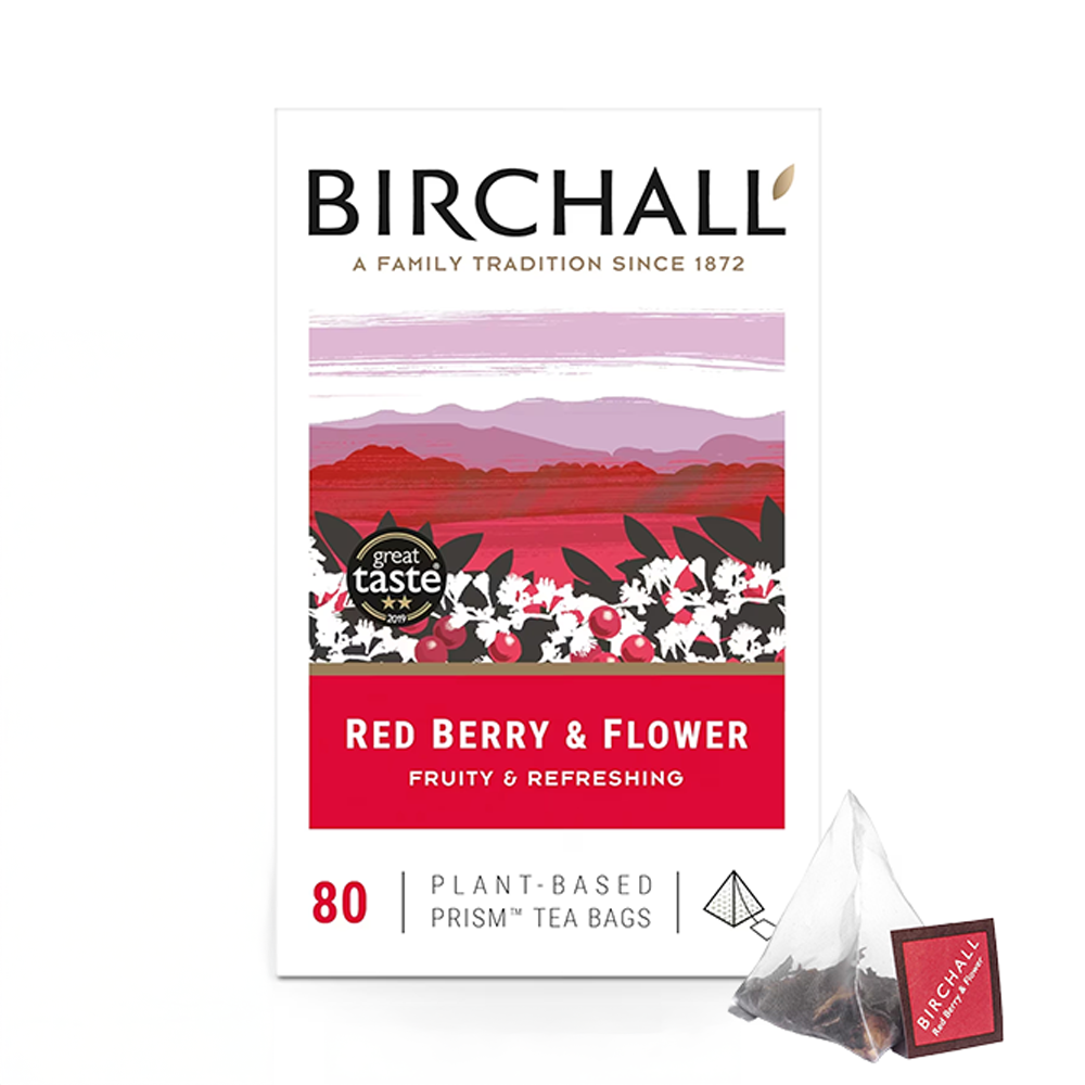 Packaging of Birchall Plant-Based Prism Tea Bags with a red berry and flower flavor, featuring 80 pieces. The box displays a colorful graphic of berries and flowers.